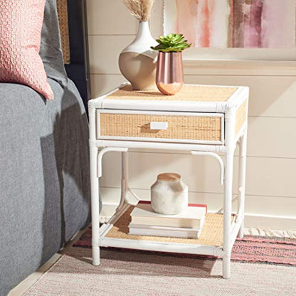 SAFAVIEH Home Collection – Roya White & Natural Nightstand with Drawer & Shelf, Coastal Accent Table, Bamboo-Style Frame & Rattan Drawer (NST4005C)