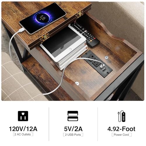 End Tables Living Room Set of 2 with Charging Station, 12"D x 24"W x 24"H | Flip Top End Table with USB Ports and Outlets, Skinny Table for Small Space, End Table with Steel X-Shaped Frame,Rustic Brown