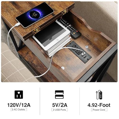 End Tables Living Room Set of 2 with Charging Station, 12"D x 24"W x 24"H | Flip Top End Table with USB Ports and Outlets, Skinny Table for Small Space, End Table with Steel X-Shaped Frame,Rustic Brown