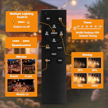 50FT Outdoor String Lights, 15m Waterproof Remote LED Patio Lights with 19+1 S11 Bulbs 10FT Extension Cable, Dimmable Outside Hanging Lights for House, Porch,Yard,Garden,Bistro, Gazebo lighting
