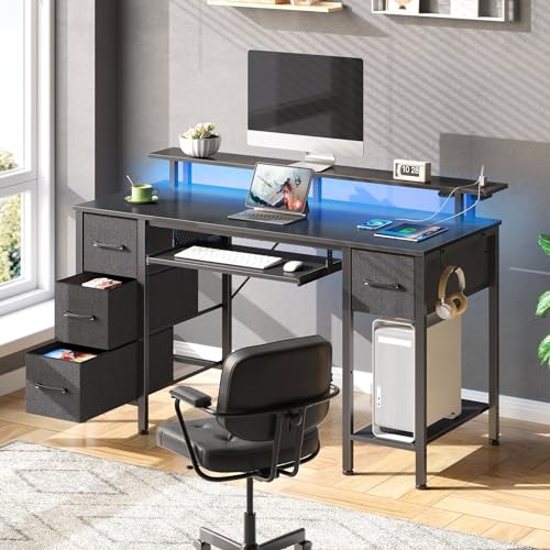 Computer Desk 55.1" with LED Lights & Power Outlets, Home Office Desk with 4 Drawers, Writing Desk with Keyboard Tray, Study De sk with Monitor Stand, Work for Home Office, Black