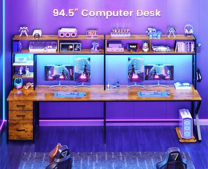L Shaped Desk with Hutch and 3 Drawers, Convertible 94.5" Computer Desk with File Drawer, L Shaped Office Desk with Power Outlet, LED Lights, Storage and Pegboard for Home Office, Brown