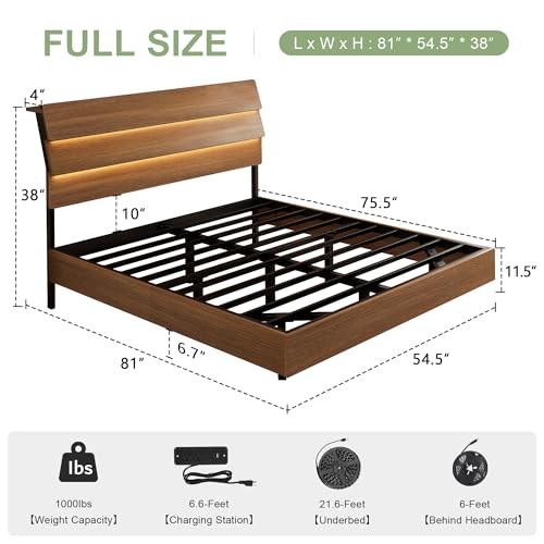 Floating Bed Frame Full with Led Lights and Charging Station, view 3