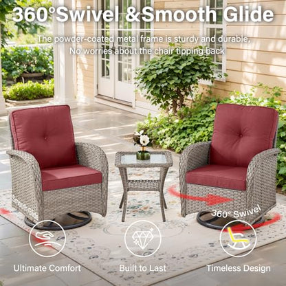 5 Piece Wicker Patio Furniture Set - Outdoor Conversation Sets with Deep Seating Swivel Rocker Chairs Loveseat and Rattan Coffee Table for Deck Backyard Poolside, Gray Wicker/Red Cushion