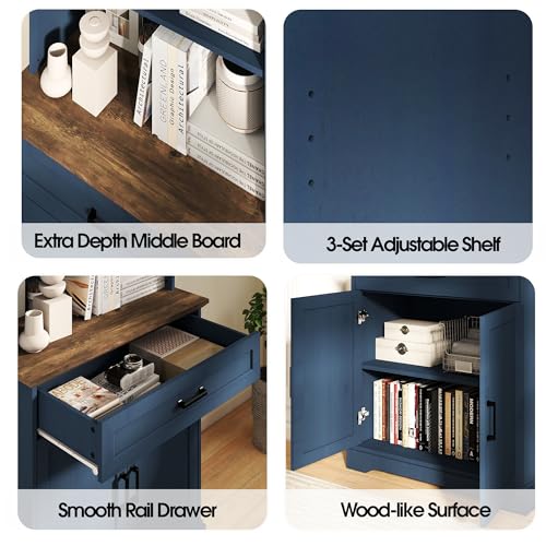 72" Bookcase with Doors & Drawer, Blue Adjustable Bookshelf with Cabinet, view 5