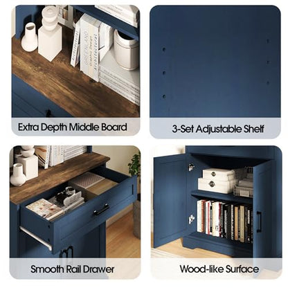 72" Bookcase with Doors & Drawer, Blue Adjustable Bookshelf with Cabinet, view 5