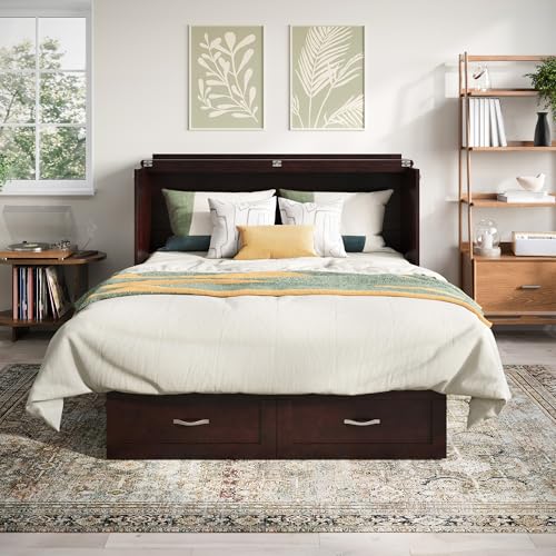 Chelsea Mid-Century Modern Queen Solid Wood Murphy Bed Chest with 6" Mattress, Storage Drawer & Built-in USB Charger, Espresso
