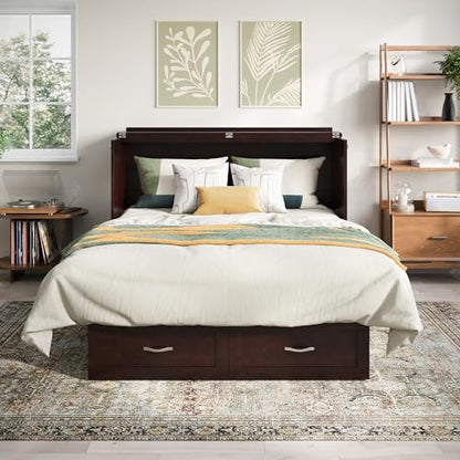 Chelsea Mid-Century Modern Queen Solid Wood Murphy Bed Chest with 6" Mattress, Storage Drawer & Built-in USB Charger, Espresso