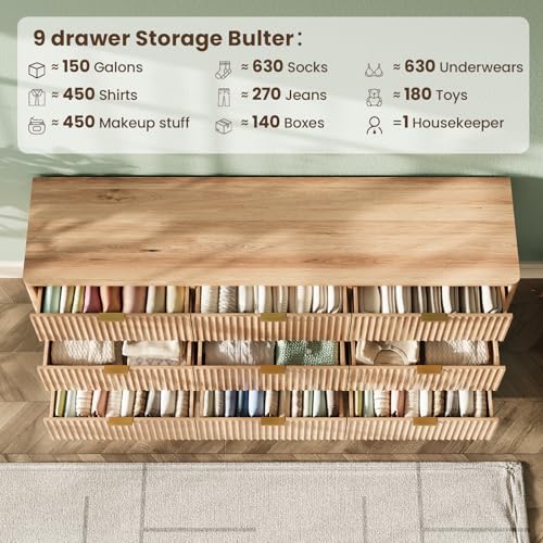 63" Wide Fluted 9 Drawers Dresser for Bedroom,Curved Edge,Oak, view 6