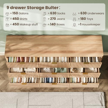 63" Wide Fluted 9 Drawers Dresser for Bedroom,Curved Edge,Oak, view 6