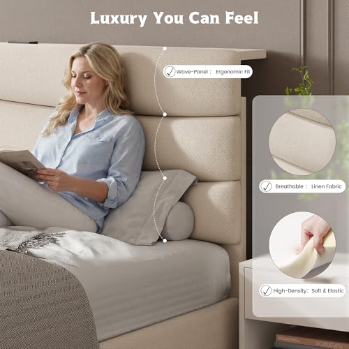 Queen Size Bed Frame with Upholstered Headboard & Charging Station, view 6