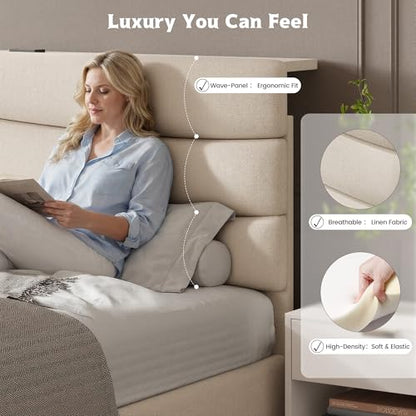 Queen Size Bed Frame with Upholstered Headboard & Charging Station, view 6