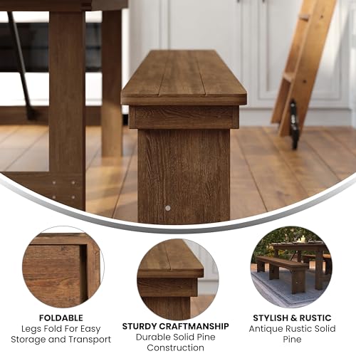 Hercules Series 8' x 12' Commercial Grade Rustic Solid Pine Folding Bench, Antique Farmhouse 3 Leg Dining Bench, Seats up to 4 Adults | Foldable Locking Legs