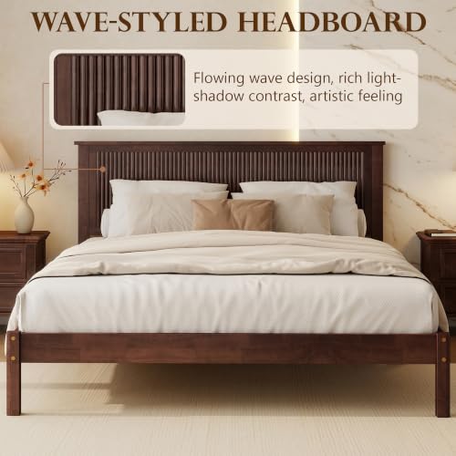 LUMISOL Queen Size Solid Rubberwood Platform Bed with Wave-Styled Headboard, view 8