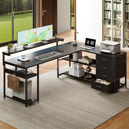 61" L Shaped Desk with Drawer, Computer Desk with Power Outlets & LED Lights, Reversible Corner Gaming Desk for Home Office Workstation, Office Desk with Monitor Shelf, Pure Black