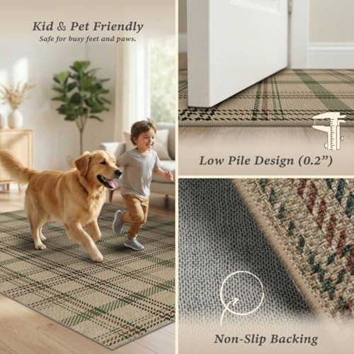Easy Jute Green Plaid Rug 6x9 for Living Room, Washable Modern Farmhouse Area Rugs for Bedroom Aesthetic, Dining Room, Patio, Sage Tan Woven Tartan Design, Non Skid, Easy Clean Viral Jute No Shed