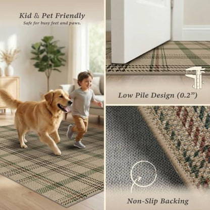 Easy Jute Green Plaid Rug 6x9 for Living Room, Washable Modern Farmhouse Area Rugs for Bedroom Aesthetic, Dining Room, Patio, Sage Tan Woven Tartan Design, Non Skid, Easy Clean Viral Jute No Shed