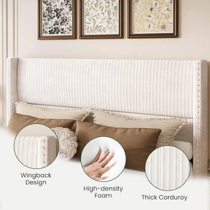 King Size Bed Frame with 4 Storage Drawers Modern White Corduroy Upholstered, view 4