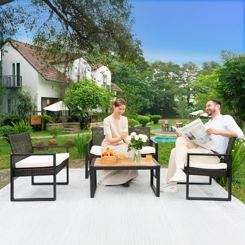 Wicker Patio Furniture Outdoor Conversation Set of 4, Rattan Outdoor Furniture Set, Acacia Wood Table, 2 Chairs, 1 Loveseat, 2” Cushions, All Weather Set for Patio, Porch, Balcony (Black)