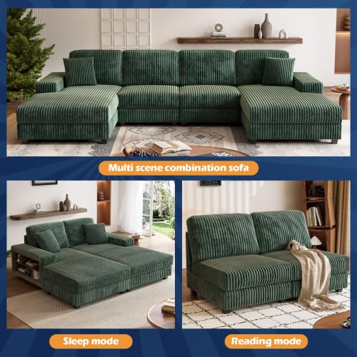 137” Oversized Corduroy Sectional Sleeper Sofa with Double Storage Chaise, U Shaped 4 Seat Sectional Couch,Green