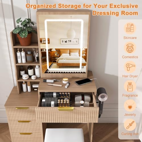 Fluted Makeup Vanity, Small Vanity Desk with Mirror and Lights, Charging Station, view 6