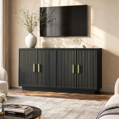 55" Fluted Buffet Cabinet with Storage, Modern Credenza, Black, view 4