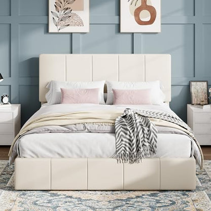 Queen Size Bed Frame, Velvet Upholstered Platform Bed, Cream, view 2