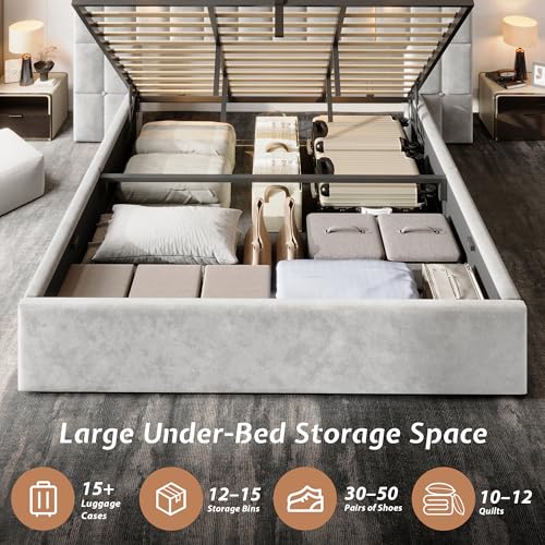 King Bed Frame Velvet Upholstered with Lift-Up Storage, Gray, view 7