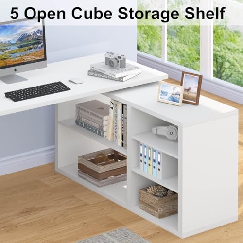 White L Shaped Desk with Shelf, Reversible Modern Home Office Desk Workstation, L Shape Computer Desk with Storage Cabinet Drawer, Industrial Wood Corner Table for Work Study Writing Gaming, 55 In