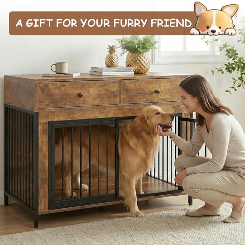 Large Dog Crate Furniture with 2 Drawers, 44 Inch Wooden Dog Kennel Indoor, view 5