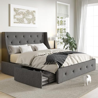 Upholstered Queen Size Platform Bed Frame with 4 Storage Drawers and Wingback Headboard, Diamond Stitched Button Tufted Design, No Box Spring Needed, Light Grey