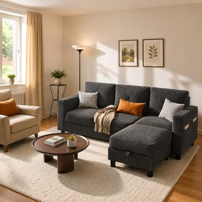 Convertible Sectional Sofa with Storage Ottoman, 77” L-Shaped 3-Seat Couch with Skin-Friendly Corduroy Fabric, Reversible Small Sectional for Small Space, Apartment, Living Room and Office(Dark Grey)