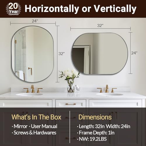 24x32’’ Oval Bathroom Mirror, Oval Nickle Mirror Pill-Shaped Design in Stainless Steel Metal Frame for Bathroom, Entryway, Living Room, Contemporary 1" Deep Wall Mount Vertical or Horizontal