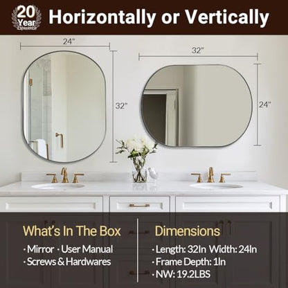24x32’’ Oval Bathroom Mirror, Oval Nickle Mirror Pill-Shaped Design in Stainless Steel Metal Frame for Bathroom, Entryway, Living Room, Contemporary 1" Deep Wall Mount Vertical or Horizontal