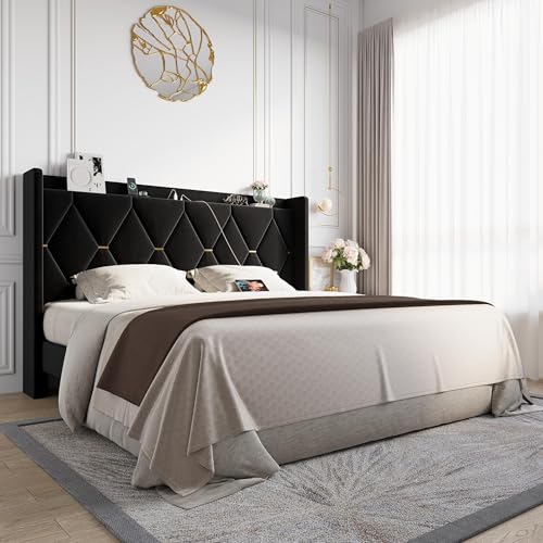 King Size Bed Frame with Storage Headboard & Smart Charging Station, view 2