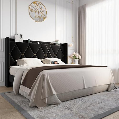 King Size Bed Frame with Storage Headboard & Smart Charging Station, view 2