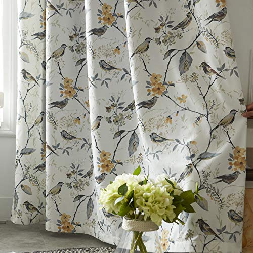 Gray Bird Print Linen Textured Curtains, 52 x 63, 1 Panel, Grommet