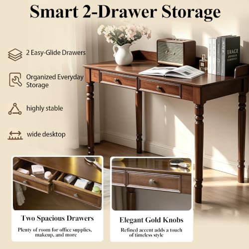 Walnut Writing Desk with Drawers, 44" X22" Solid Wood Desk for Small Spaces, view 8