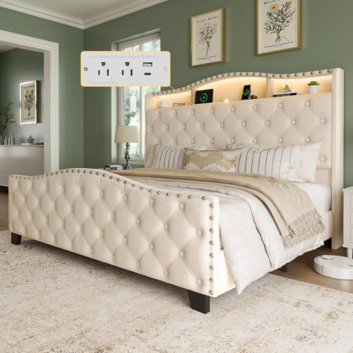 Platform Bed Frame with 50.9" LED Headboard, Queen Beige, view 2