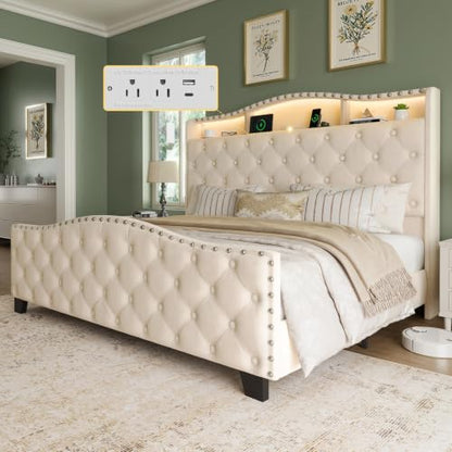 Platform Bed Frame with 50.9" LED Headboard, Queen Beige, view 2