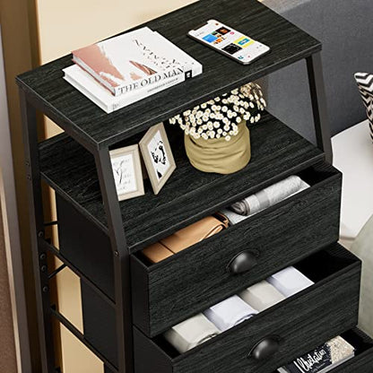 Black Dresser with 5 Drawers, Vertical Storage Tower Fabric Dresser for Bedroom, Hallway, Entryway, Nursery, Closet Organizer, Nightstand Bedside Table Furniture, Sturdy Steel Frame, Wood Top