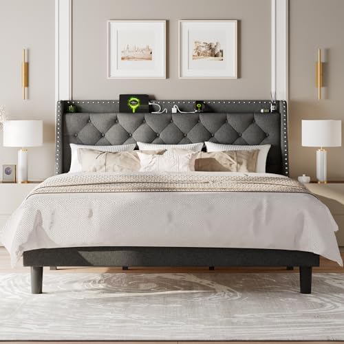 King Size Bed Frame with Luxury Wingback and Fast Charging Station, view 5