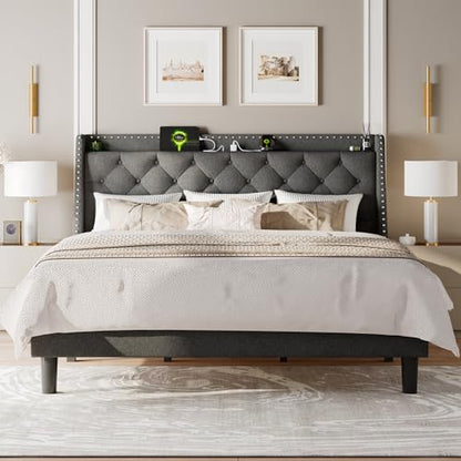 King Size Bed Frame with Luxury Wingback and Fast Charging Station, view 5