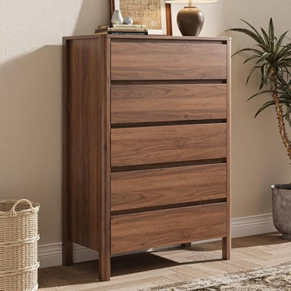 Walnut 5 Drawer Dresser for Bedroom, Modern Tall Dresser with Hidden Handles, view 2