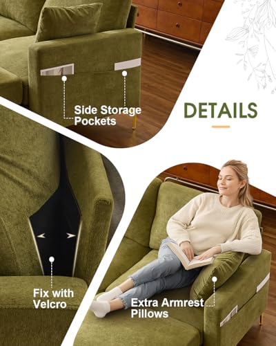99.6" 3-Seat U-Shaped Sectional Sofa, Green | Chenille Upholstered, 2 Movable Ottomans, Cloud-Like Seat, 2 Throw Pillows, Comfy Deep Seat, Living Room, Apartment, Office