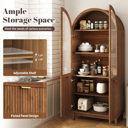 71" Tall Arched Cabinet with Glass Doors, Fluted Kitchen Pantry Cabinet, view 6