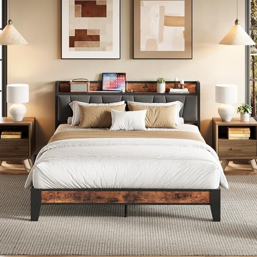 Queen Bed Frame, Storage Headboard with Charging Station, Solid and Stable, view 2
