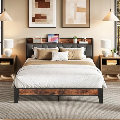 Queen Bed Frame, Storage Headboard with Charging Station, Solid and Stable, view 2