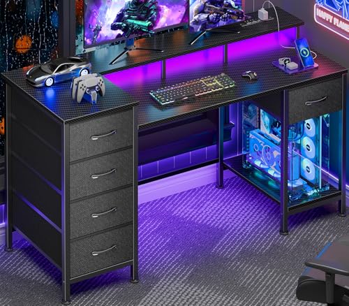 47 Inch Computer Gaming Desk with Power Outlets & LED Lights Reversible Home Office Desk with Adjustable 5 Fabric Storage Drawers for Working Writing Study, Carbon Fiber Black