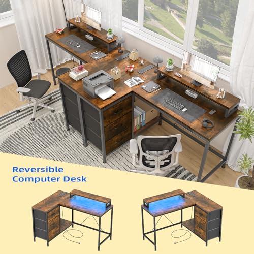 L Shaped Desk with Power Outlets & LED Lights, Computer Desk with Drawers & Shelves, Corner Desk Gaming Desk Home Office Desk, Rustic Brown